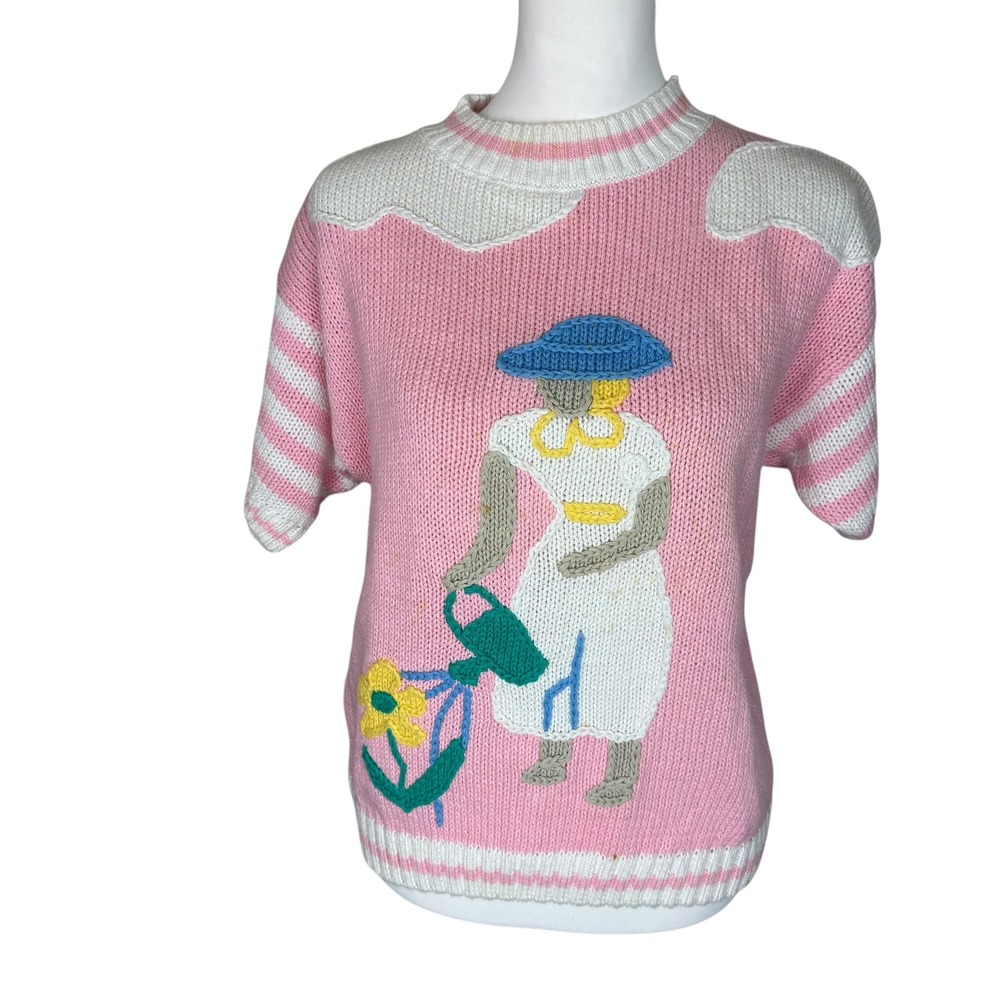 Koret Petites Vintage Pink Gardening Novelty Knit Short Sleeve Sweater Medium
